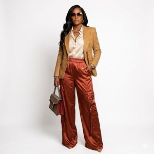 Satin Cargo Pants Womens Large Rust Wide Leg Y2K High Rise Utility Streetwear